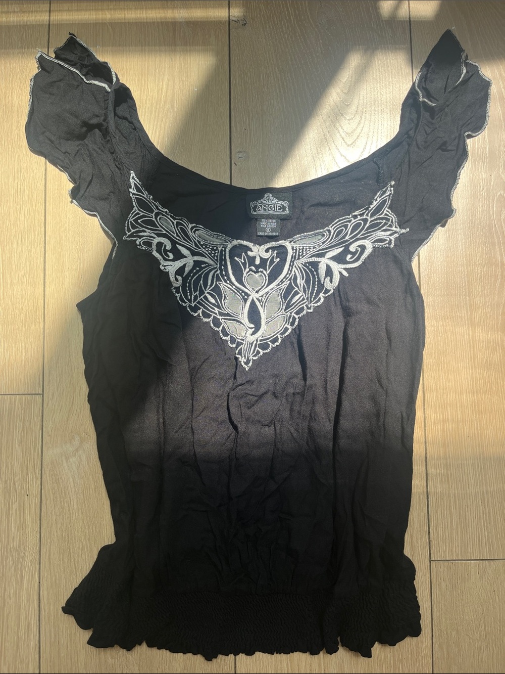 Y2K Vintage Angie Black Embroidered Ruffle Sleeve Blouse Summer